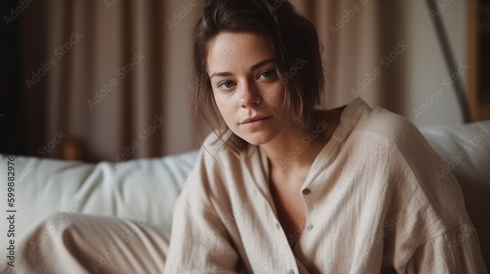 Casual Woman in Neutral Loungewear Posing Against Cozy Home Interior. Generative AI. Casual Woman in Neutral Loungewear Posing Against Cozy Home Interior. Generative AI.
