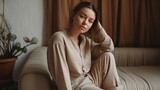 Casual Woman in Neutral Loungewear Posing Against Cozy Home Interior. Generative AI.