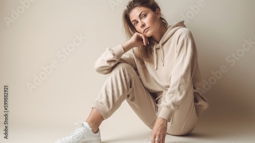 Casual Woman in Neutral Athleisure Posing Against Minimalist Backdrop. Generative AI.