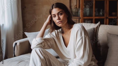 Casual Woman in Neutral Loungewear Posing Against Cozy Home Interior. Generative AI. © bomoge.pl