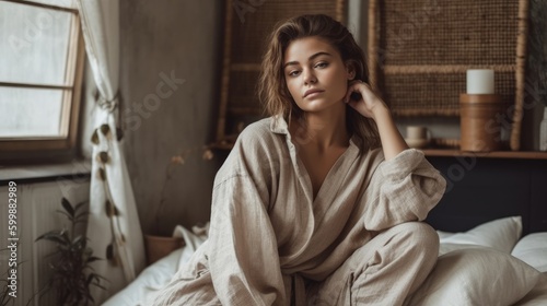 Casual Woman in Neutral Loungewear Posing Against Cozy Home Interior. Generative AI.