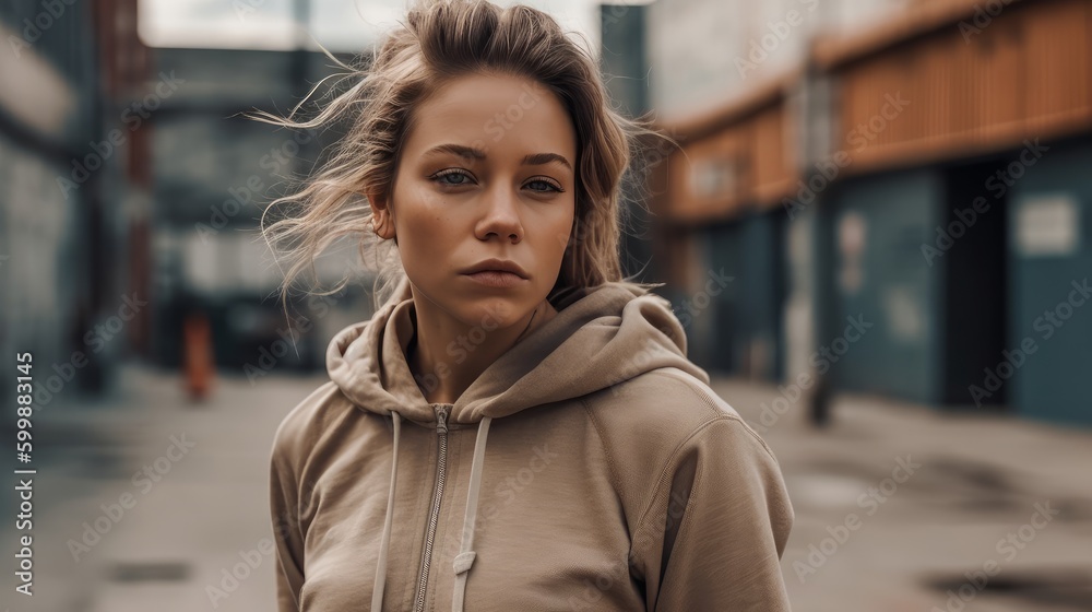 Fototapeta premium Casual Woman in Neutral Streetwear Posing Against Urban Landscape. Generative AI.