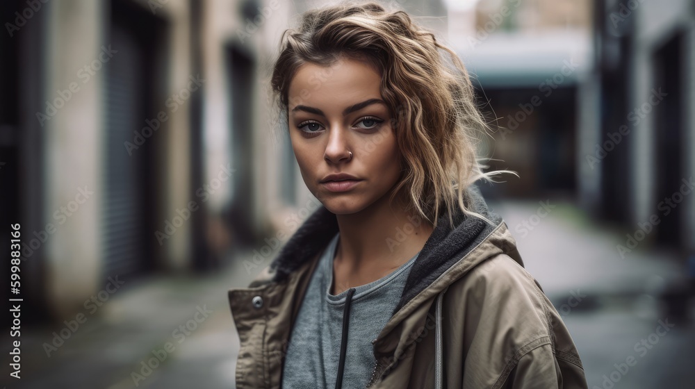 Fototapeta premium Casual Woman in Neutral Streetwear Posing Against Urban Landscape. Generative AI.