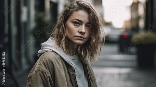 Casual Woman in Neutral Streetwear Posing Against Urban Landscape. Generative AI.