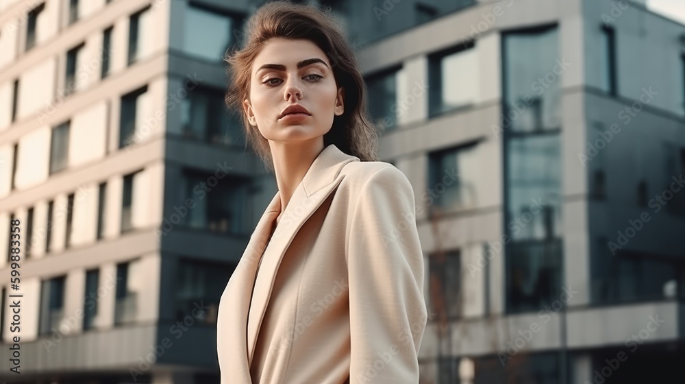 Fototapeta premium Elegant Woman in Neutral Outfit Posing Against Modern Architecture. Generative AI.