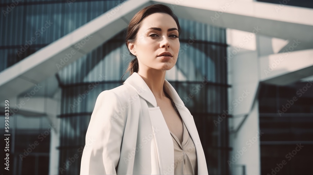 Elegant Woman in Neutral Outfit Posing Against Modern Architecture. Generative AI. Elegant Woman in Neutral Outfit Posing Against Modern Architecture. Generative AI.