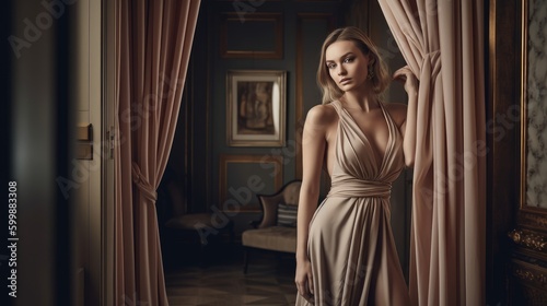 Elegant Woman in Neutral Evening Gown Posing Against Upscale Architecture. Generative AI. © bomoge.pl