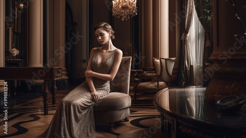 Elegant Woman in Neutral Evening Gown Posing Against Upscale Architecture. Generative AI.