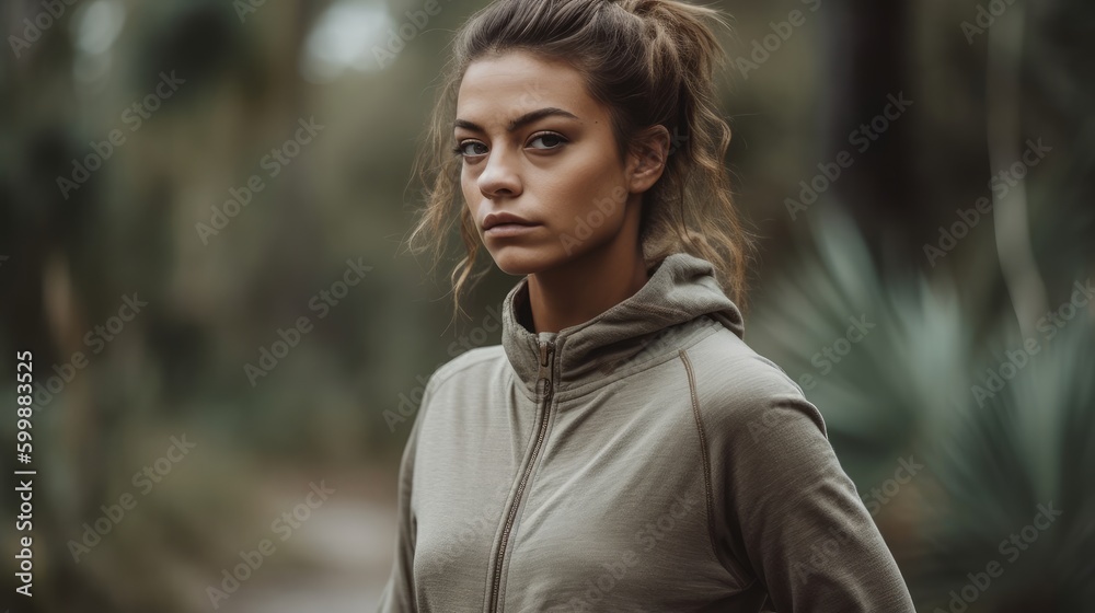 Fit Woman in Neutral Athleisure Posing Against Natural Background. Generative AI. Fit Woman in Neutral Athleisure Posing Against Natural Background. Generative AI.