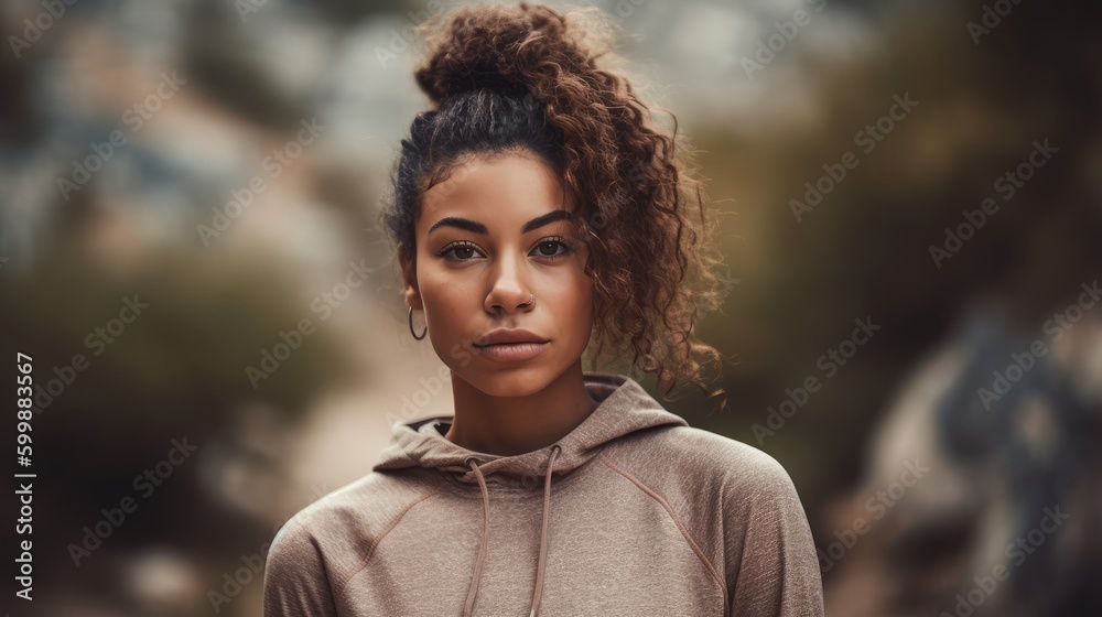 © bomoge.pl - Fit Woman in Neutral Athleisure Posing Against Natural Background. Generative AI.