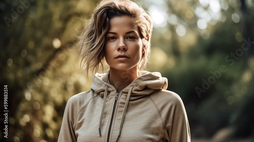 Fit Woman in Neutral Athleisure Posing Against Natural Background. Generative AI.
