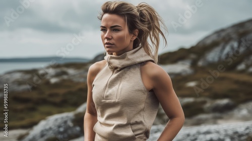 Fit Woman in Neutral Athleisure Posing Against Natural Background. Generative AI.