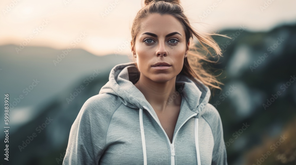 Fit Woman in Neutral Sportswear Posing Against Scenic Backdrop. Generative AI.