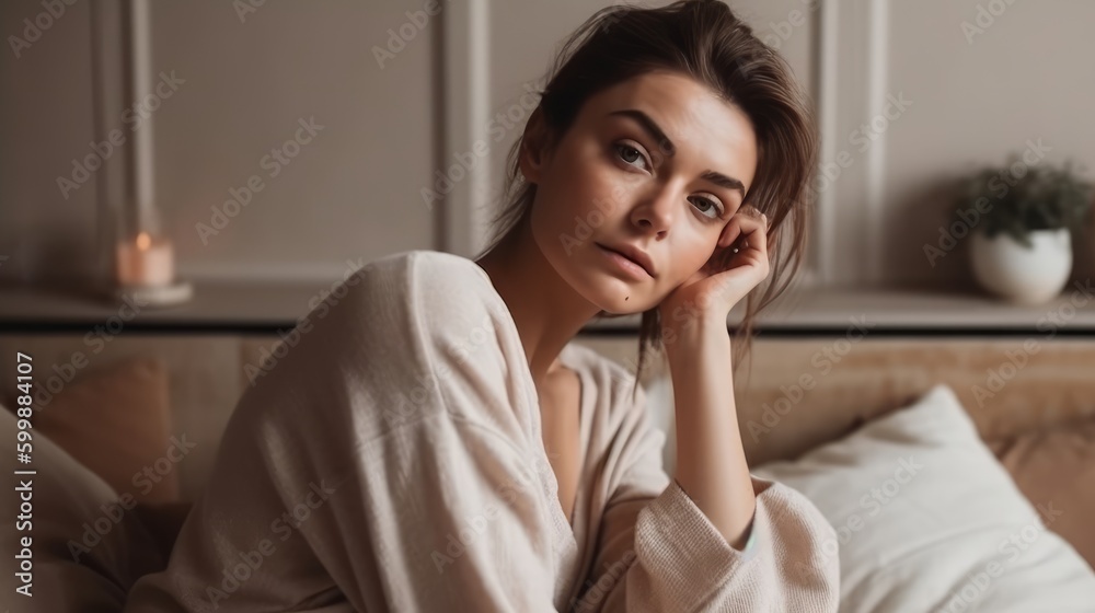Relaxed Woman in Neutral Loungewear Posing Against Cozy Interior. Generative AI. Relaxed Woman in Neutral Loungewear Posing Against Cozy Interior. Generative AI.