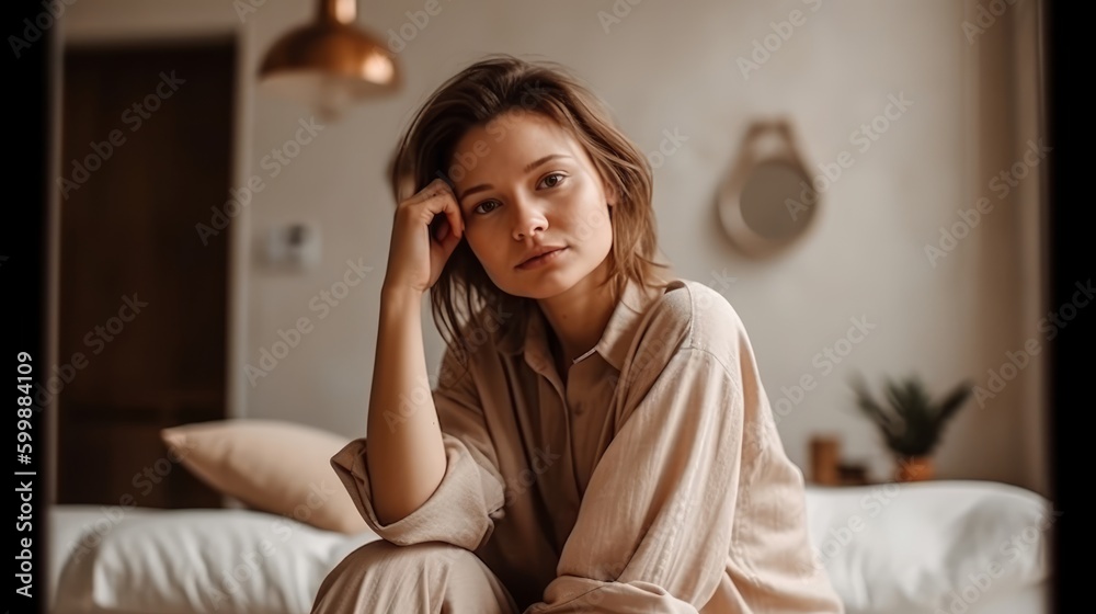 Relaxed Woman in Neutral Loungewear Posing Against Cozy Interior. Generative AI. Relaxed Woman in Neutral Loungewear Posing Against Cozy Interior. Generative AI.
