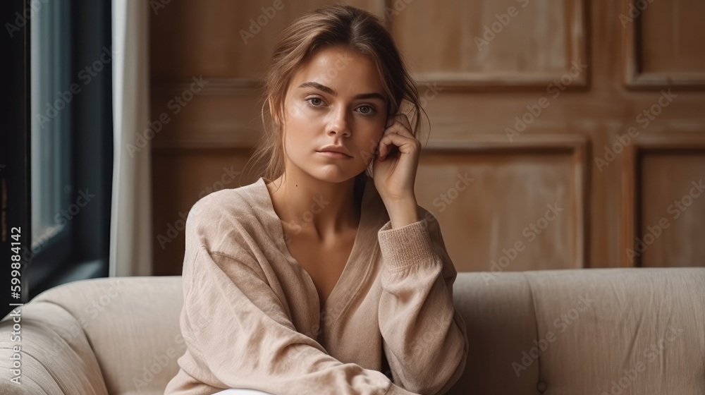 Relaxed Woman in Neutral Loungewear Posing Against Cozy Interior. Generative AI. Relaxed Woman in Neutral Loungewear Posing Against Cozy Interior. Generative AI.