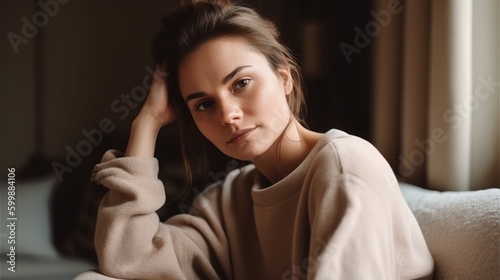 Relaxed Woman in Neutral Loungewear Posing Against Cozy Interior. Generative AI.