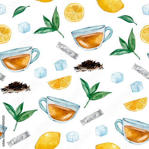 Cute watercolor tea time pattern with cup, lemon, mint, tea bag, strainer and simple lettering on white background. photo