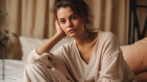 Relaxed Woman in Neutral Loungewear Posing Against Cozy Interior. Generative AI. © bomoge.pl