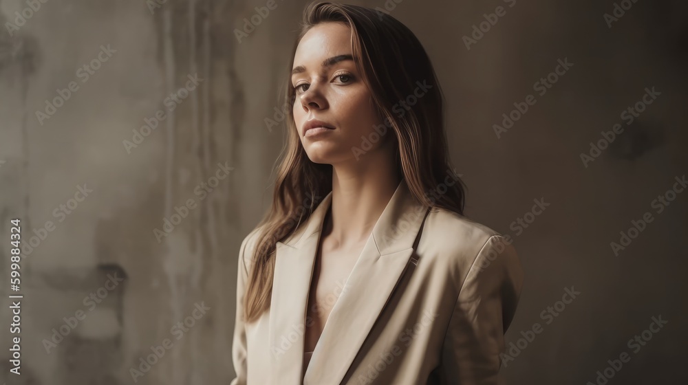 Fototapeta premium Stylish Woman in Neutral Outfit Posing Against Minimalist Backdrop. Generative AI.