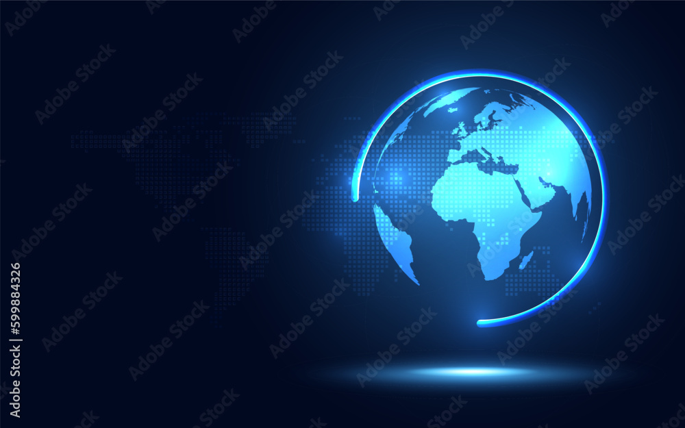 Futuristic glowing blue earth world and globe abstract technology background. Artificial intelligence digital transformation and big data concept. Environment and ecology concept. Vector illustration Futuristic glowing blue earth world and globe abstract technology background. Artificial intelligence digital transformation and big data concept. Environment and ecology concept. Vector illustration
