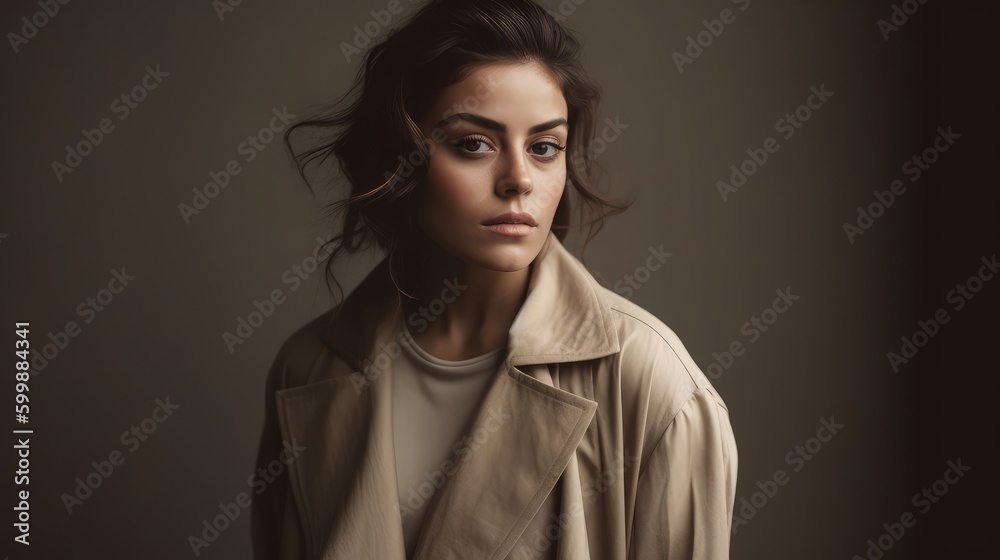 Stylish Woman in Neutral Outfit Posing Against Minimalist Backdrop. Generative AI.