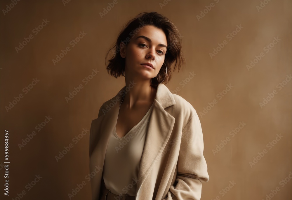 Stylish Woman in Neutral Outfit Posing Against Minimalist Backdrop. Generative AI.