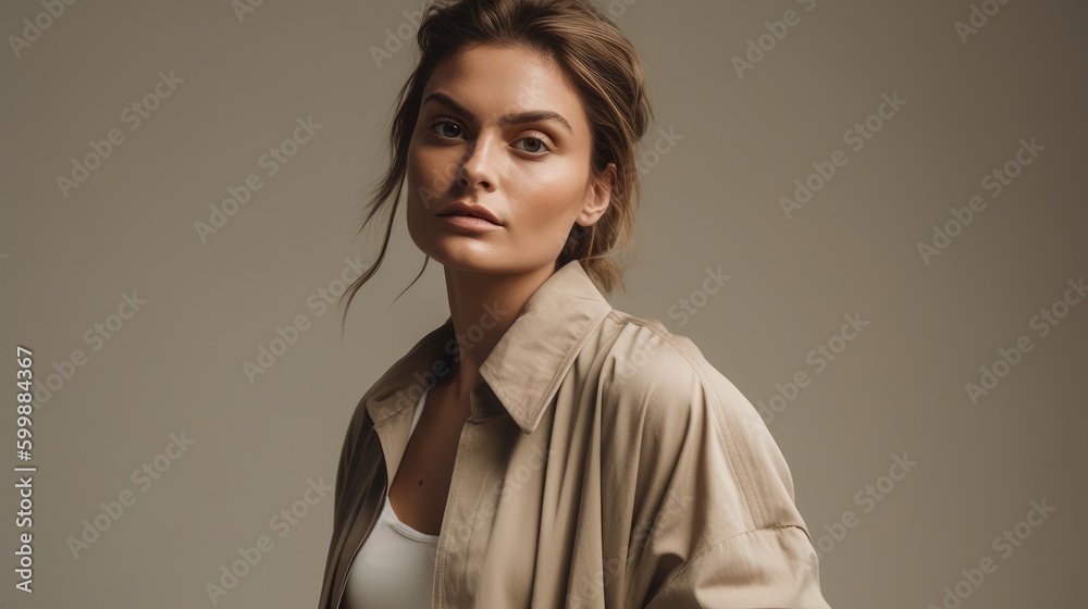 Stylish Woman in Neutral Outfit Posing Against Minimalist Backdrop. Generative AI. Stylish Woman in Neutral Outfit Posing Against Minimalist Backdrop. Generative AI.