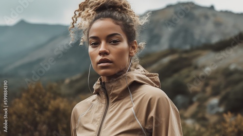 Woman in Neutral Activewear Posing Against Outdoor Landscape. Generative AI.