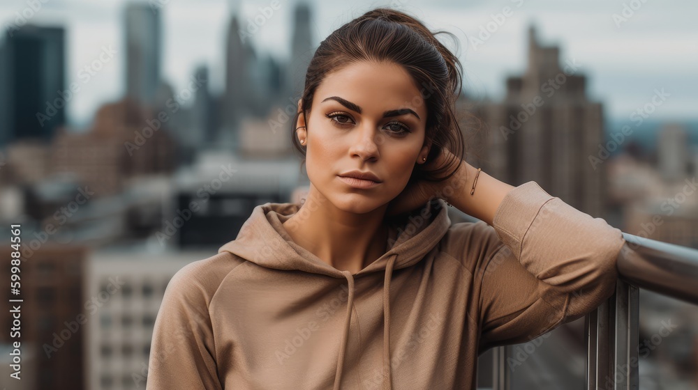Fototapeta premium Woman in Neutral Athleisure Posing Against Luxury Cityscape. Generative AI.