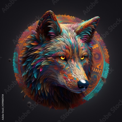 Psychedelic wolf Tondo: Intricate Patterns Generative AI photo