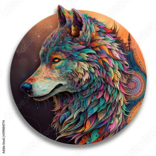 Psychedelic wolf Tondo: Intricate Patterns Generative AI photo