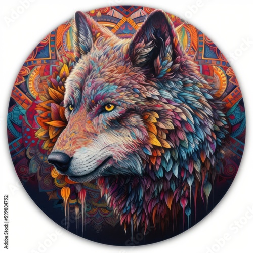 Psychedelic wolf Tondo: Intricate Patterns Generative AI photo