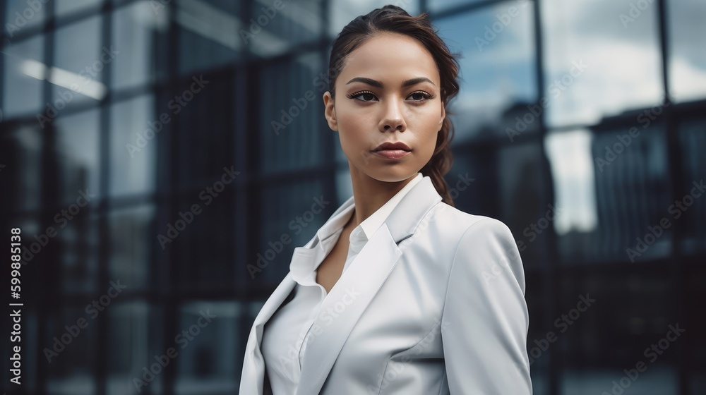 Woman in Neutral Business Attire Posing Against Modern Glass Building. Generative AI. Woman in Neutral Business Attire Posing Against Modern Glass Building. Generative AI.