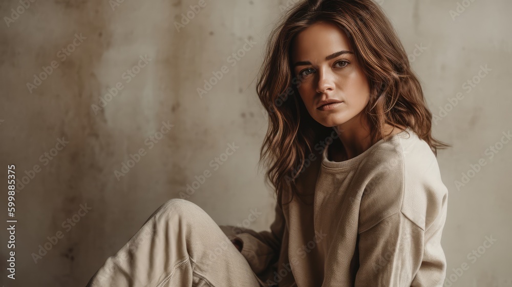 Fototapeta premium Woman in Neutral Casualwear Posing Against Rustic Backdrop. Generative AI.