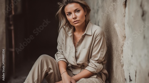 Woman in Neutral Casualwear Posing Against Rustic Backdrop. Generative AI. © bomoge.pl