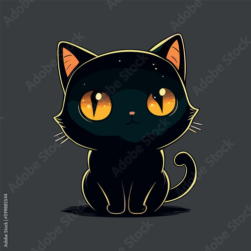 Cute Little Cartoon kawaii anime Black witch's magical kitten cat. Flat  Vector Illustration for Children