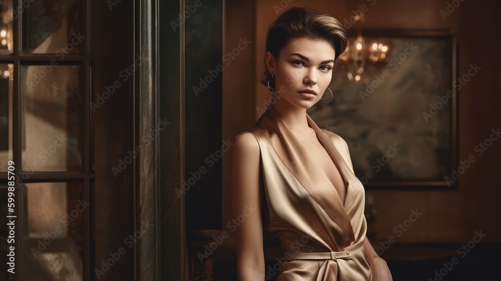Woman in Neutral Formalwear Posing Against Luxurious Backdrop. Generative AI. Woman in Neutral Formalwear Posing Against Luxurious Backdrop. Generative AI.