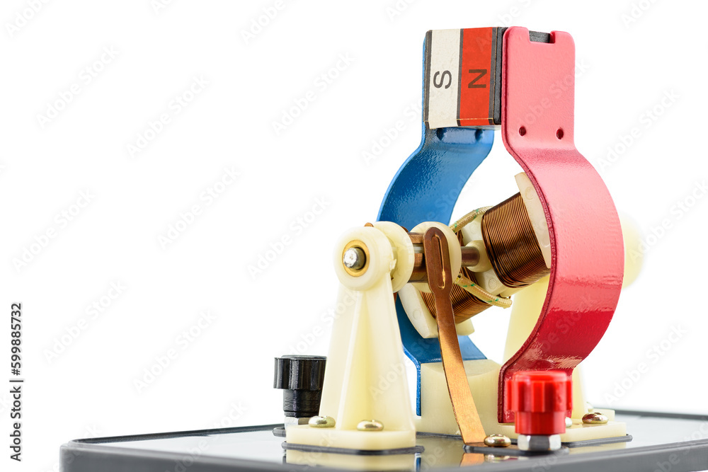 Experimental electric generator on white background, consists of copper