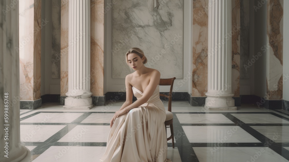 Woman in Neutral Formalwear Posing Against Luxurious Marble Interior. Generative AI.