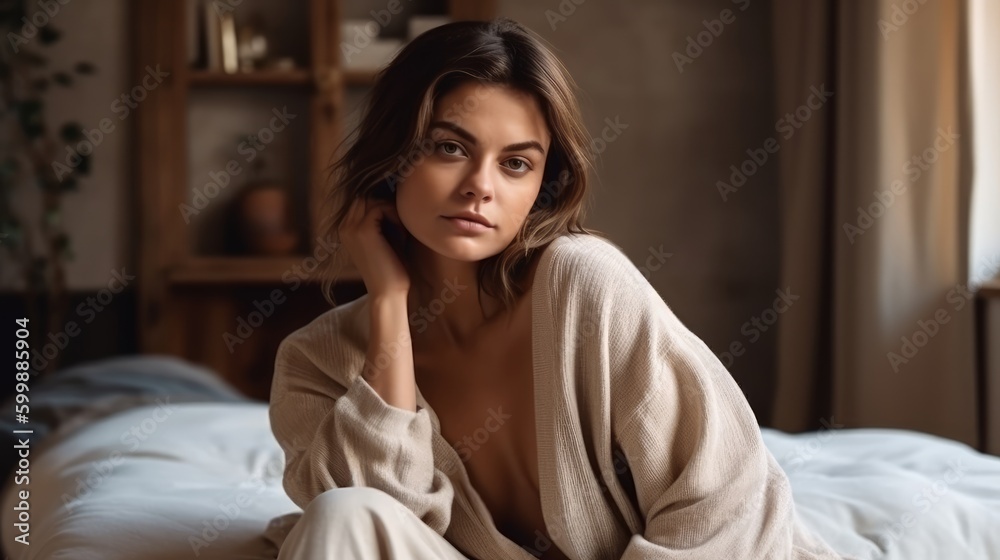 Woman in Neutral Loungewear Posing Against Cozy Interior. Generative AI. Woman in Neutral Loungewear Posing Against Cozy Interior. Generative AI.