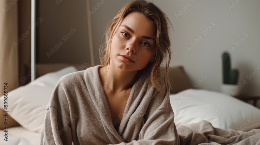 Woman in Neutral Loungewear Posing Against Cozy Interior. Generative AI.
