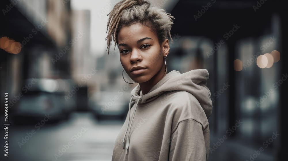 Woman in Neutral Streetwear Posing Against Urban Landscape. Generative AI. Woman in Neutral Streetwear Posing Against Urban Landscape. Generative AI.
