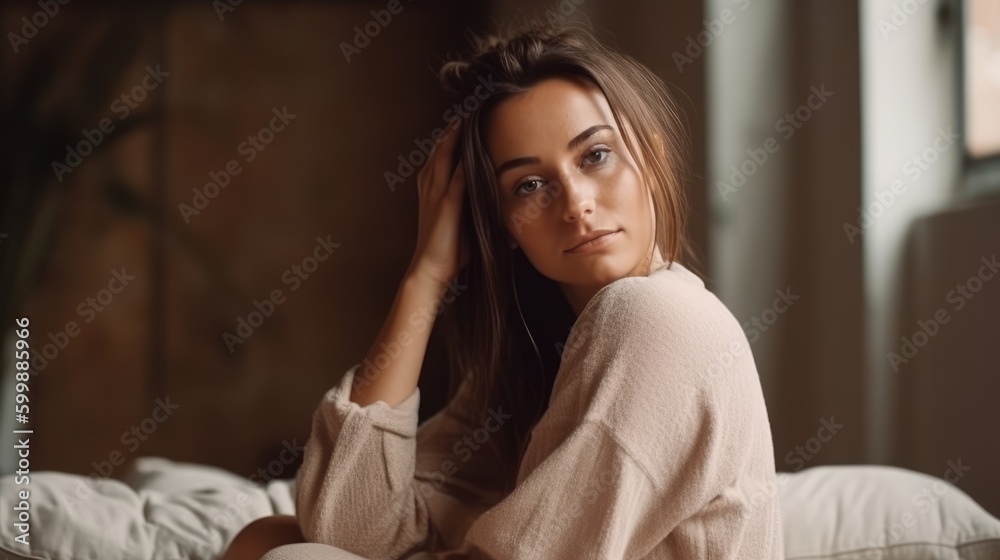 Woman in Neutral Loungewear Posing Against Cozy Interior. Generative AI. Woman in Neutral Loungewear Posing Against Cozy Interior. Generative AI.