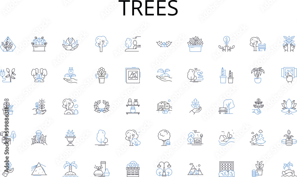 Trees line icons collection. Trees, Leaves, Branches, Bark, Roots, Wildlife, Shade vector and linear illustration. Canopy,Moss,Ferns outline signs set