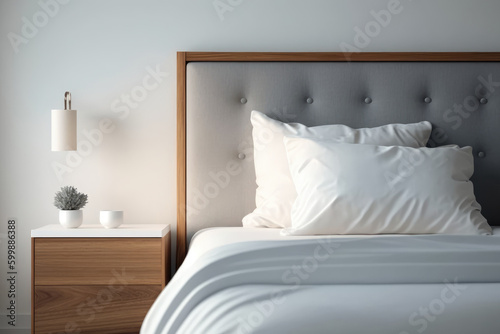 Close up of a modern luxury bed head and headboard with pillows, AI generated photo