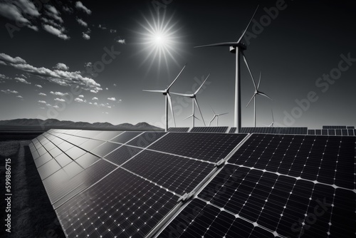 Solar panels and wind turbine energy farm, AI genareted photo