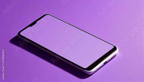 A blank phone with a purple screen is on a purple background, Generative AI