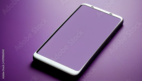 A blank phone with a purple screen is on a purple background, Generative AI