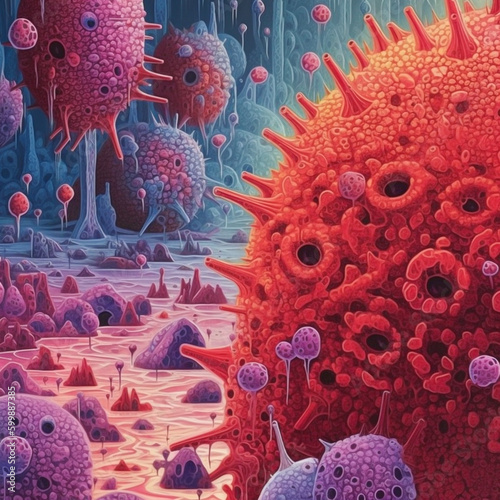 New virus Covid 19 XBB.1.16 in the body cell background. Coronavirus(covid-19) variant deltacron, omicron XBB.1.16. SARS-CoV-2 flu disease pandemic. Medical health concept, Generative AI, illustration